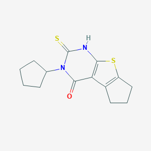 11-Cyclopentyl-10-sulfanyl-7-thia-9,11-diazatricyclo[6,4,0,0,2,6]dodeca-1(8),2(6),9-trien-12-oneͼƬ